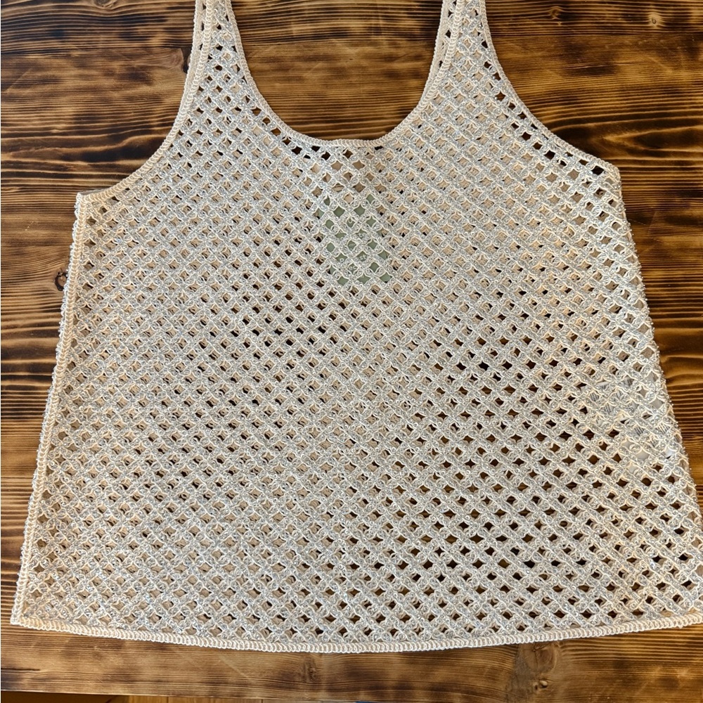H&M Sequined Hole-Knit Tank Top Light Beige Medium Recycled Fabric - Picture 2 of 7
